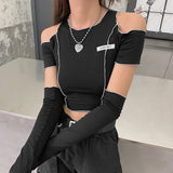 yipinpay Top Stitch T-Shirt Black Tee Shirt Fall Winter Slim Cut Out Crop Top Casual Clothes O Neck Streetwear E-Girl Women Pulovers