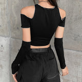 yipinpay Top Stitch T-Shirt Black Tee Shirt Fall Winter Slim Cut Out Crop Top Casual Clothes O Neck Streetwear E-Girl Women Pulovers