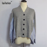Yipinpay Patchwork Sweater Button Cardigan Laine Lovely Jumper V Neck Black Grey Sweaters Casual Women Autumn Knitting Stripe Tops