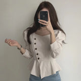 Yipinpay Femme Korean Chic Autumn Retro High Waist Puff Long Sleeve Square Collar Shirts Temperament Top Slim Blusas Camisas