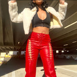 Yipinpay Lace-up Cross Hollow PU Leather Pants Street Style High Waist Straight-Leg Trousers Women's Streetwear Solid Slim Pants