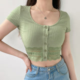 Yipinpay Button Sexy Crop Top Women Ribbed Knit Korean Style Short Sleeve T Shirts Fashion Casual Green Summer Tops Women Clothes