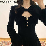 Yipinpay One Piece Dress Korea Long Sleeve Party Mini Dress Evening 2023 Spring Vintage 2 Piece Dress Set Women Hollow Out Design