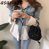 Yipinpay Stitching Fake Two Piece Lapel Long Sleeve Single Breasted Slim Waist Lace Up Vintage Denim Coat Women Jacket Sashes