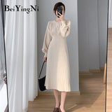 Yipinpay Knit Midi Pleated Dresses for Women Autumn Winter Button Lantern Sleeve Elegant O-neck CHIC Korean Sweater Dress Women