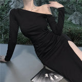 Yipinpay Black Dress Women Elegant Split Backless Off Shoulder Party Dress Korean Vintage High Waist Irregular Casual Dress 2023 New