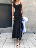 Yipinpay Holiday High Street Sexy V Neck Black Spaghetti Strap Side Splits Irregular Dress Women Sleeveless Retro Drawstring Waist