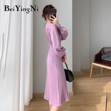 Yipinpay Knit Midi Pleated Dresses for Women Autumn Winter Button Lantern Sleeve Elegant O-neck CHIC Korean Sweater Dress Women