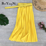 Yipinpay 2023 Autumn Summer Women Skirt Midi With Belt Pleated Female Skirts Casual Luxury Korean Faldas Ladies Saias Chic Jupe