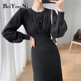 Yipinpay Knit Midi Pleated Dresses for Women Autumn Winter Button Lantern Sleeve Elegant O-neck CHIC Korean Sweater Dress Women