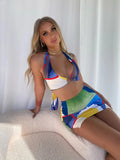 Yipinpay Geometric Print Two Pieces Skirts Suits Women's Clubwear Halterneck Wrap Crop Tops+Mini Bodycon Skirt Party Streetwear