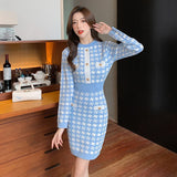 Yipinpay Button Knitted Dress Mini Sexy Bodycon Fall Vestidos Vintage Elegant Korean Long Sleeve Winter Short Blue Robe Femme