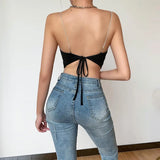 Yipinpay Sexy Backless Diamond Drill Irregular Hem Shiny Chain Straps Back Lace-Up Bow knot tied Cropped Top