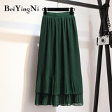 Yipinpay Vintage Pleated Skirt Women Ruffles Lining Chiffon Patchwork Black Casual Midi Skirts Long Korean Saias Mujer Faldas