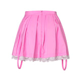 Yipinpay Women Skirts 2023 New Straps Decor Harakuju Lolita High Waist Mini Pleated Skirt School Girls Lace Hem Cute Streetwear