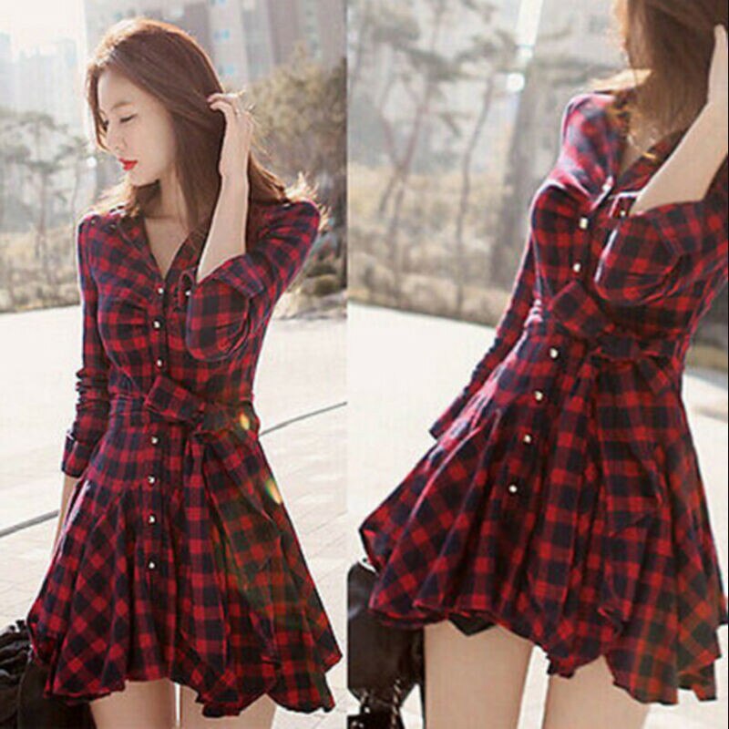 Yipinpay Womens Lady Long Sleeve Ruffles Office Ladies Casual Flannel Plaid Check Button Down Top Layer Shirt Dress