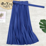 Yipinpay 2023 Autumn Summer Women Skirt Midi With Belt Pleated Female Skirts Casual Luxury Korean Faldas Ladies Saias Chic Jupe