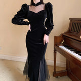 Yipinpay Mesh Velvet Black Long Dress Women Vintage Gothic Slim Party Dresses Female Winter Sexy Split Hollow Christmas Dress New