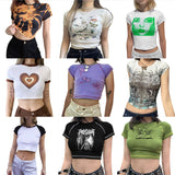 Yipinpay Women Casual Crop Tops T-shirt, Adults Slim-fit Animal Printed Basic Short Sleeve Round Neck T-shirt Woman Clothes Summer 2023