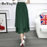 Yipinpay Vintage Pleated Skirt Women Ruffles Lining Chiffon Patchwork Black Casual Midi Skirts Long Korean Saias Mujer Faldas