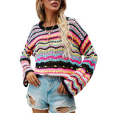 Yipinpay Women Round Neck Loose Sweaters, Bohemian Long Sleeve Crochet Knit Pullover Tops