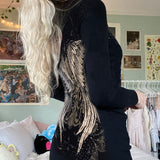 Yipinpay Goth Black Long Sleeve Zip Up Dress Hooded Angel Wing Diamonds Graphic Print Mini Dress Bodycon Y2K Fairycore Grunge