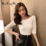 Yipinpay Slash Neck Women T-shirt Cotton Half Sleeve Harajuku Slim Casual T Shirt Female Elastic Plain Tshirts Woman Tee Tops