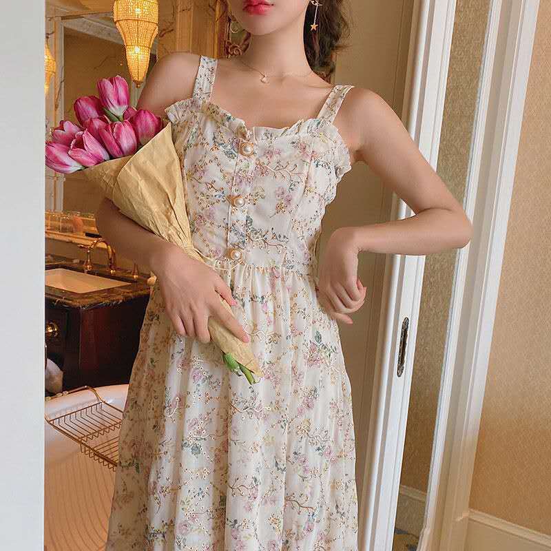 Yipinpay Strap Dress Women French Elegant Vintage Floral Dress Sweet 2023 Summer Fashion Clothing Party One Piece Dress Korean