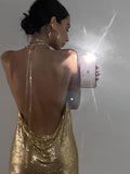 Yipinpay Gold Sequins Diamonds Sexy Night Party Dress Women Sleeveless Halter Backless Mini Dresses Femme Clubwear V-Neck Vestidos