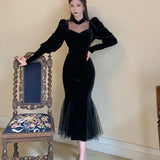 Yipinpay Mesh Velvet Black Long Dress Women Vintage Gothic Slim Party Dresses Female Winter Sexy Split Hollow Christmas Dress New