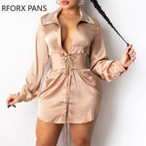 Yipinpay Women Studded Button Front Long Sleeve Satin Shirt Dress Party Dress  Sexy Dress for Women