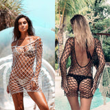 Yipinpay Fishnet Long Sleeve Beach Tops Bikini Cover-up Women Sexy Hollow Out Cover Up Crochet Mesh Bealing Swimwear