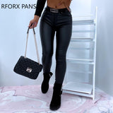 Yipinpay Women Casual Solid High Waist Zipper PU Leather Skinny Spring&Autumn Pencil Pants