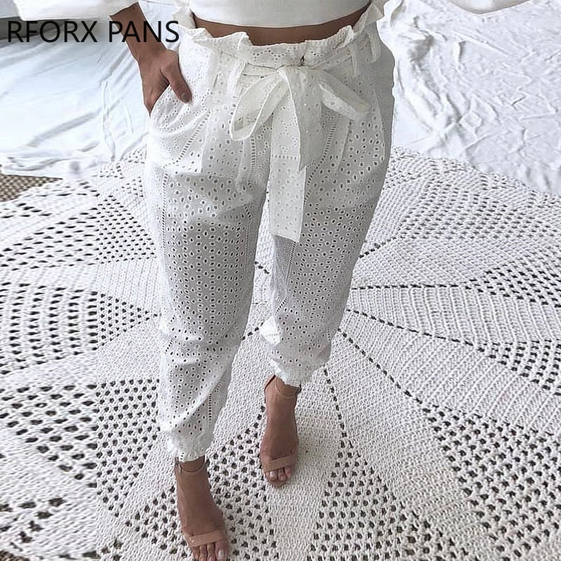 Yipinpay Waist Broderie Lace Casual Pants