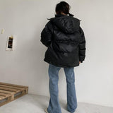 Yipinpay New Hooded Puffer Jacket Women Korean Loose Warm Black Leather Bubble Coats Female Streetwear
