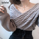 Yipinpay Off Shoulder Sexy V-neck Cross Loose Twist Patchwork Sweaters Solid Color Long Sleeve Knitted Pullovers Autumn Spring 2023
