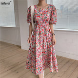 Yipinpay Sleeve Floral Maxi Dress Square Collar a Line Cotton Robe Summer 2023 Boho Plus Size Midi Elegant Korean Harajuku Sukienki