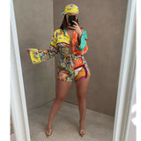 Yipinpay Pieces Set Sexy 2023 Summer Autumn Fashion Women Set Female Tops Floral Print Long Sleeve Shirt And Elastic Waist Shorts Scarf