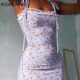 Yipinpay Women Floral Print Tied Detail Lace Trim Dress  Bodycon Dress for Women Dress 2023