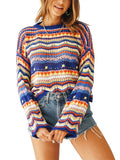 Yipinpay Women Round Neck Loose Sweaters, Bohemian Long Sleeve Crochet Knit Pullover Tops