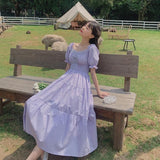 Yipinpay Summer/Spring Dress Women 2023 New Square Collar Puff Sleeve Purple and White Thin Sweet French Dress Vestidos De Mujer