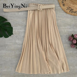 Yipinpay 2023 Autumn Summer Women Skirt Midi With Belt Pleated Female Skirts Casual Luxury Korean Faldas Ladies Saias Chic Jupe