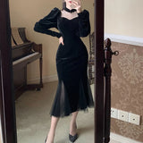 Yipinpay Mesh Velvet Black Long Dress Women Vintage Gothic Slim Party Dresses Female Winter Sexy Split Hollow Christmas Dress New