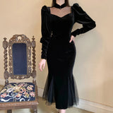 Yipinpay Mesh Velvet Black Long Dress Women Vintage Gothic Slim Party Dresses Female Winter Sexy Split Hollow Christmas Dress New