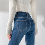 Yipinpay Thicken Velvet Warm Denim Flare Pants Stretch High Waist Casual Winter Plush Bell Bottom Jeans Woman