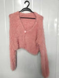 Yipinpay Autumn Sweet Sexy V Neck Mohair Pink Knitted Sweater Crop Long Sleeve Cardigan Temperament Elegant All-match Solid