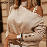 Yipinpay Women Casual Chain Strap Cold Shoulder Button Decor Top Blouses Tops