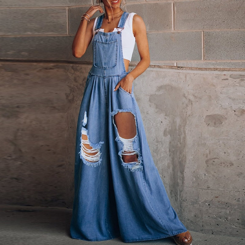 Yipinpay Jumpsuits Daily Casual Sleeveless Solid Overalls 2023 Fashion Design Ripped Jean Romper Summer New Women Loose Side Pocket