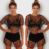 Yipinpay Women Swimwear Beachwear Beach Wear Black Mesh See-through Shirt Short Sleeve Blouse Round Neck