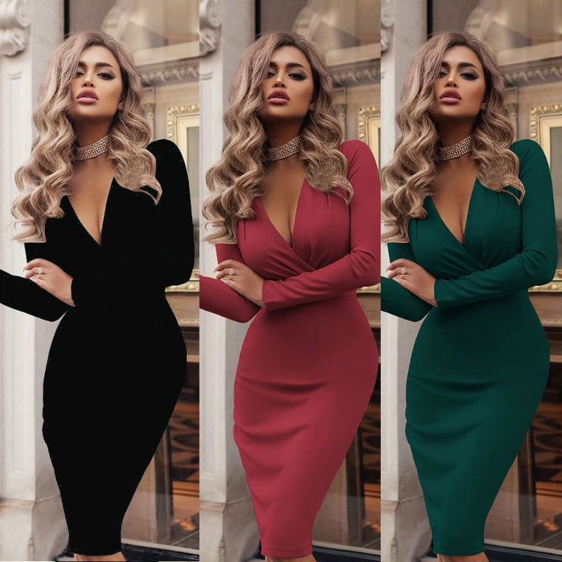 Yipinpay Chic Elegant Dress Fall Winter 2023 Evening Party Vintage Bodycon Long Sleeve Prom Dresses for Day and Night Party